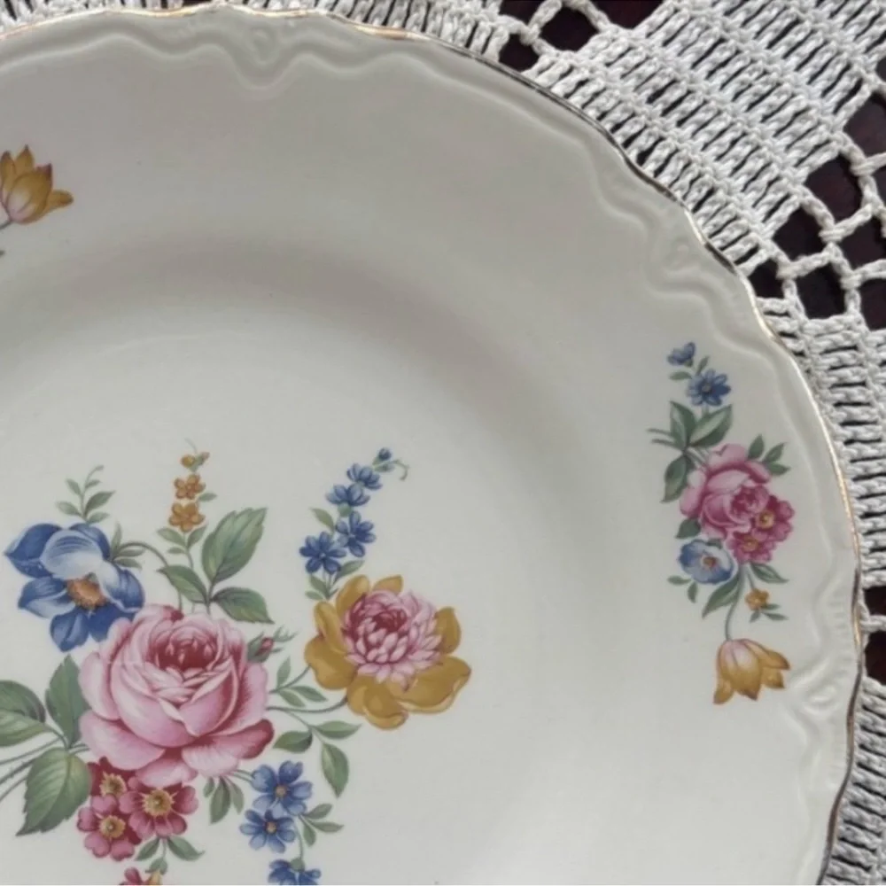 Vintage Floral Plate Scio Ohio Cottage Core White Cream Rose Blue Green Gold Rim